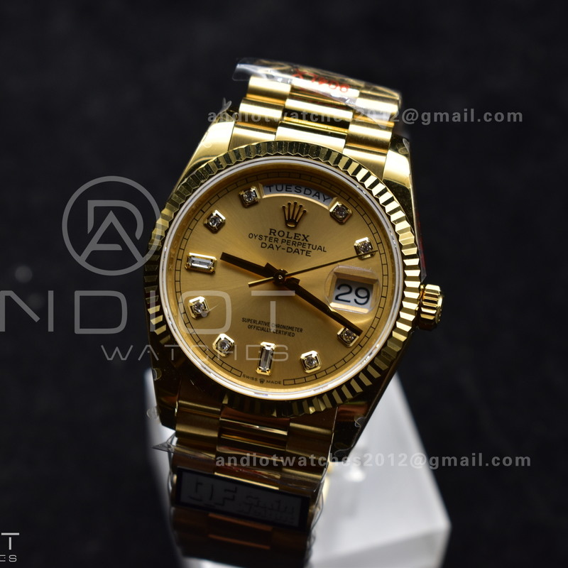 DayDate 36 YG QF Best Edition 904L Steel Gold Dial with Square Diamond on President Bracelet vr3255 V5 (Gain Weight)